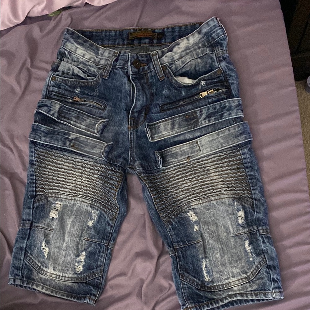Blue Jean Shorts with Distressed Details and Moto-Style Panels